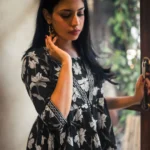 Black Printed Cotton Anarkali Short Kurti