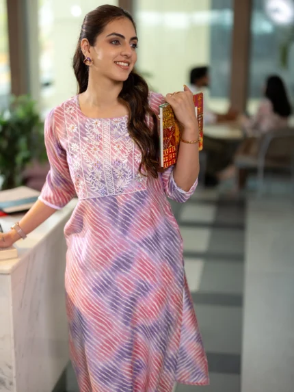 Lavender Printed Silk Blend Straight Kurta
