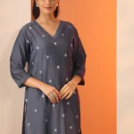 Grey Embroidered Silk Blend Straight Kurta