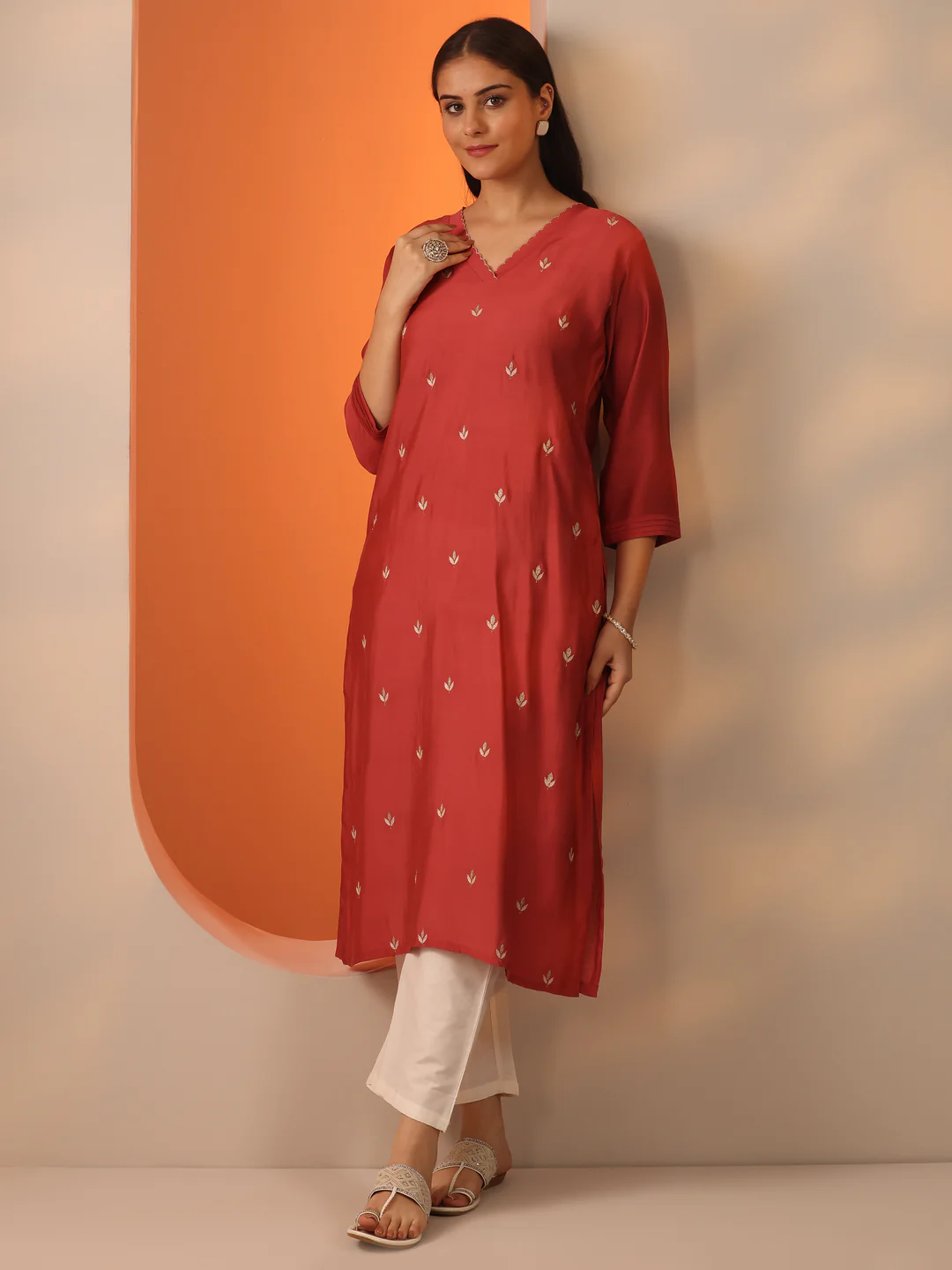 58274_5Main.webp Rust Embroidered Silk Blend Straight Kurta - Image 1
