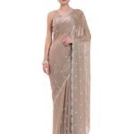 Women's Beige Organza Crushed Siroski Work Embellished Border Saree With Unstitched Blouse