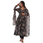 Women's Heavy Pure Soft Georgette Anarkali V-neck Long Sleeve Kurti With Matching Pant and Digital Printed Work Heavy Matching Dupatta Set.