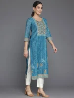 Blue Embellished Chanderi Silk Straight Kurta - Image 4