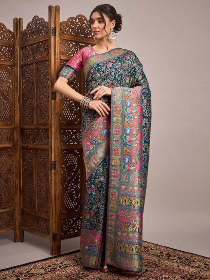 Teal Woven Viscose Saree with Unstitched Blouse