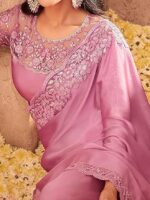 Women's And Girls Embroidery Lace & Sequence Embroidery Chiffon Saree With Unstitched Blouse Piece - Image 3