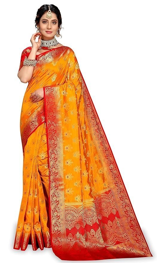 91XseMWxFUL._SY879_.jpg Sarees for Women Wear Cotton Silk Banarasi Sari Kanjivaram Soft 2024 Wedding Original Pure Kanchipuram Pattu Sadi with Blouse Piece (Barmasi) - Image 1