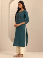 Teal Printed Cotton Blend Straight Kurta - Image 3