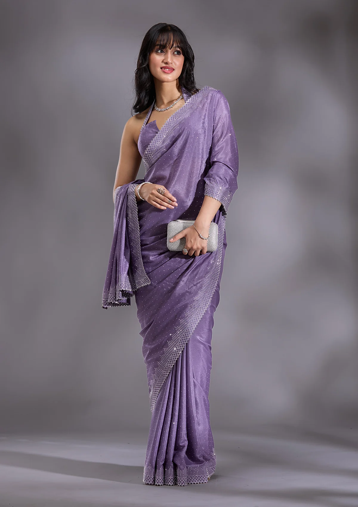 SAUS0044310_VIOLET_4_72be111c-4e30-4a96-83be-c38f1a4e60a1.webp Violet Silver Stonework Satin Saree - Image 1