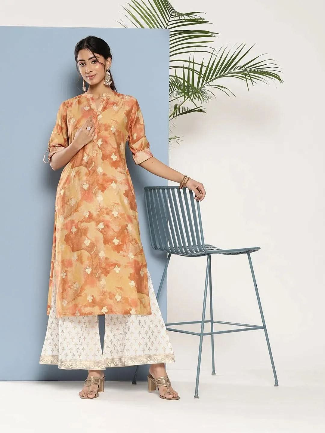 brown-printed-silk-straight-kurta-libas-1.jpg Brown Printed Silk Straight Kurta - Image 1