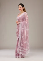 Onion Pink Threadwork Tissue Saree - Image 3