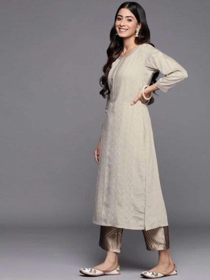 Taupe Woven Design Rayon Straight Kurta