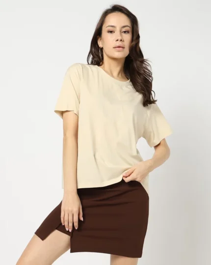 Women Cotton Regular Fit Round-Neck T-Shirt
