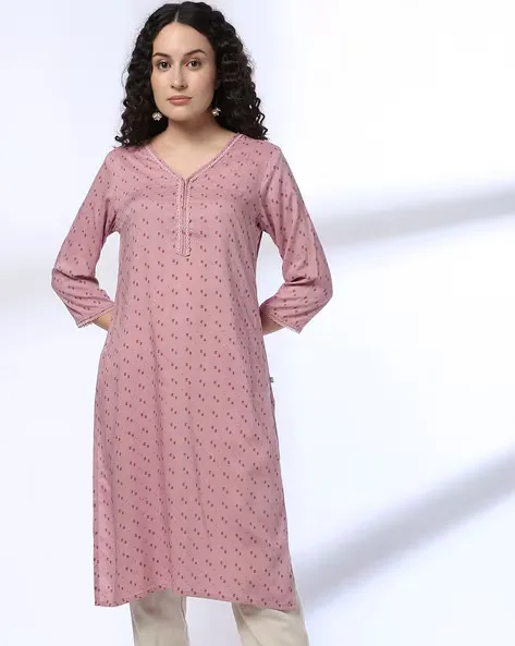 473Wx593H-443064482-oldrose-MODEL.webp Women Micro Print Straight Kurta - Image 1