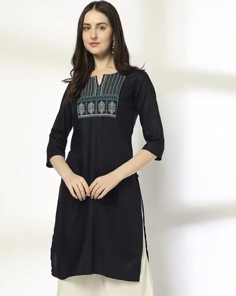 473Wx593H-443066658-navy-MODEL-1.webp Women Zig-Zag Cross Stitch Embroidered Straight Kurta - Image 1