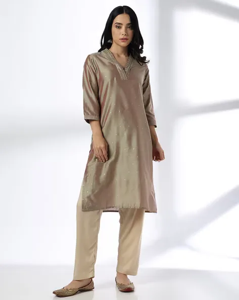 473Wx593H-443066677-brown-MODEL.webp Women Dobby Weave Straight Kurta - Image 1