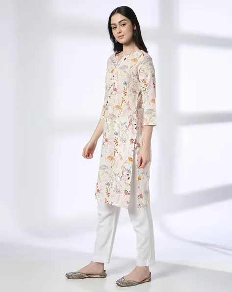 473Wx593H-443067762-offwhite-MODEL2.webp Women Floral Print Cotton Straight Kurta - Image 1