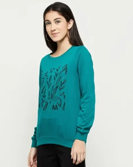 Women Leaf Print Relaxed Fit Round-Neck T-Shirt